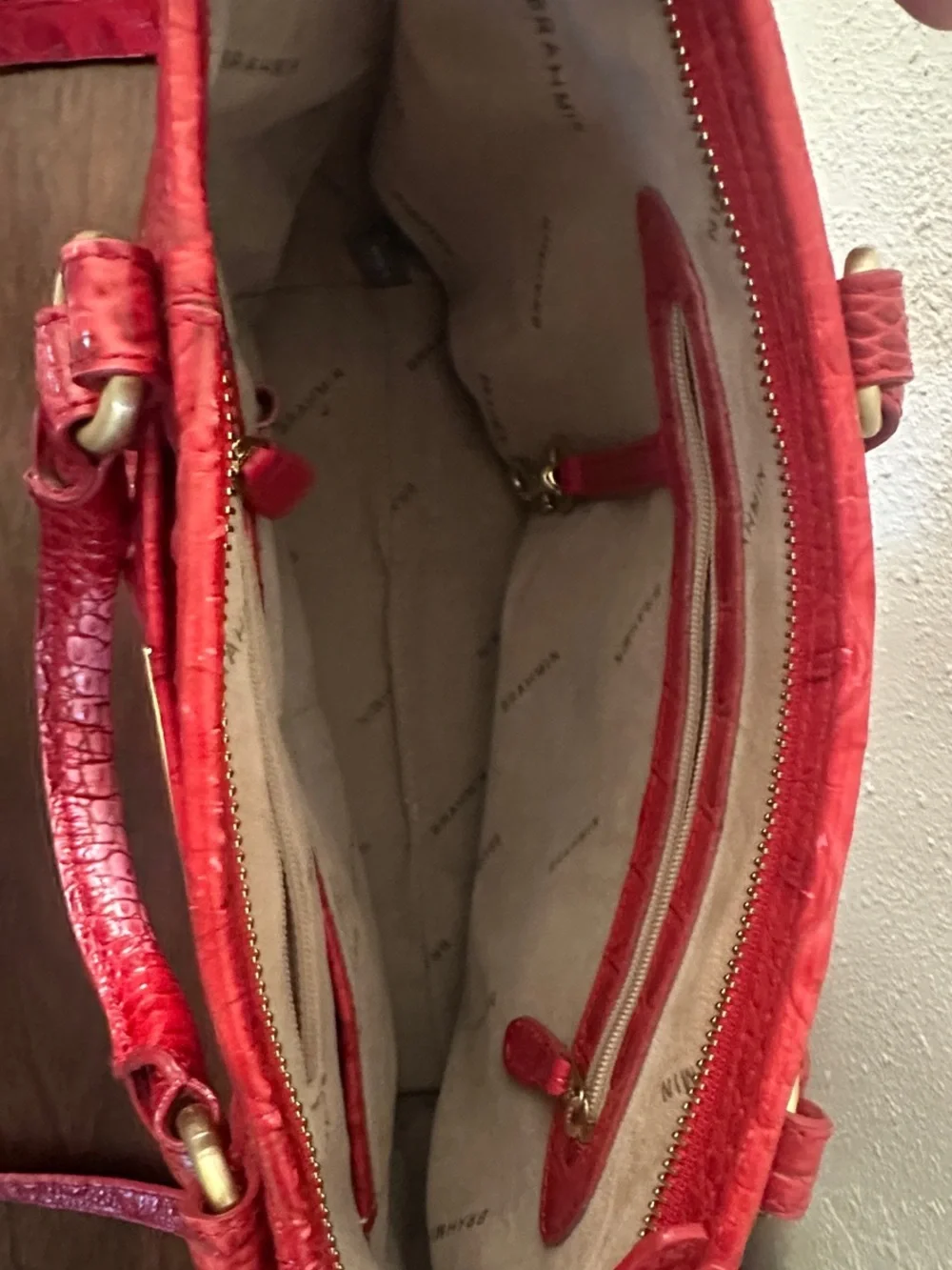 Brahmin Red Croc-Embossed Leather Crossbody Satchel with Gold Hardware